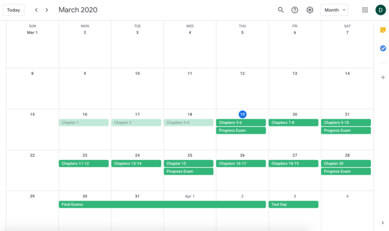 An example monthly calendar